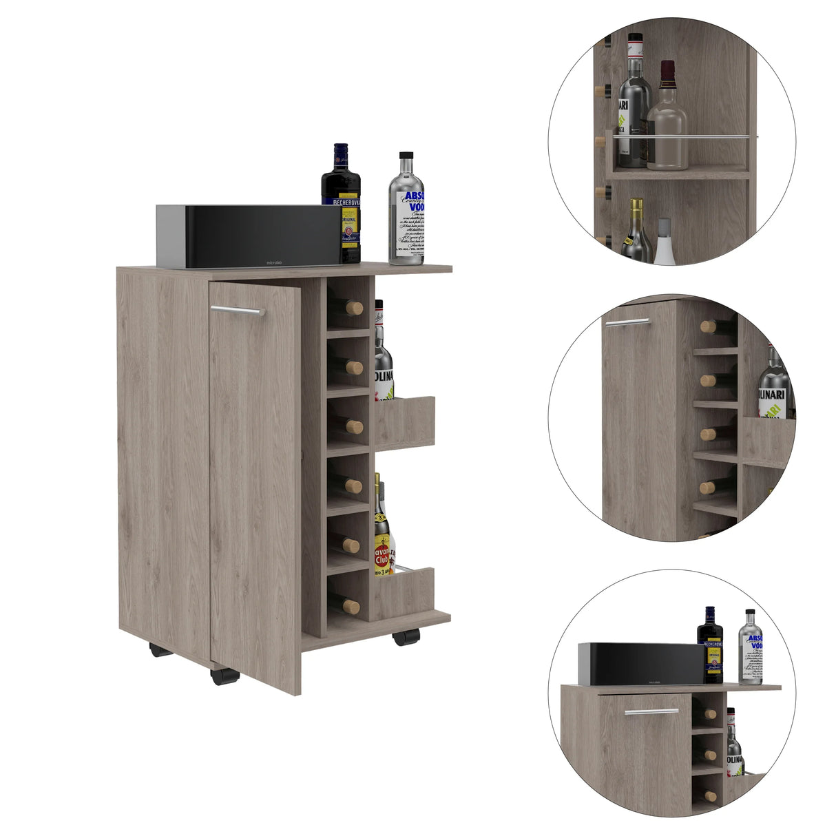 Light Oak 2-Shelf 6-Bottle Bar Cart With Casters - Omega Lifestyles