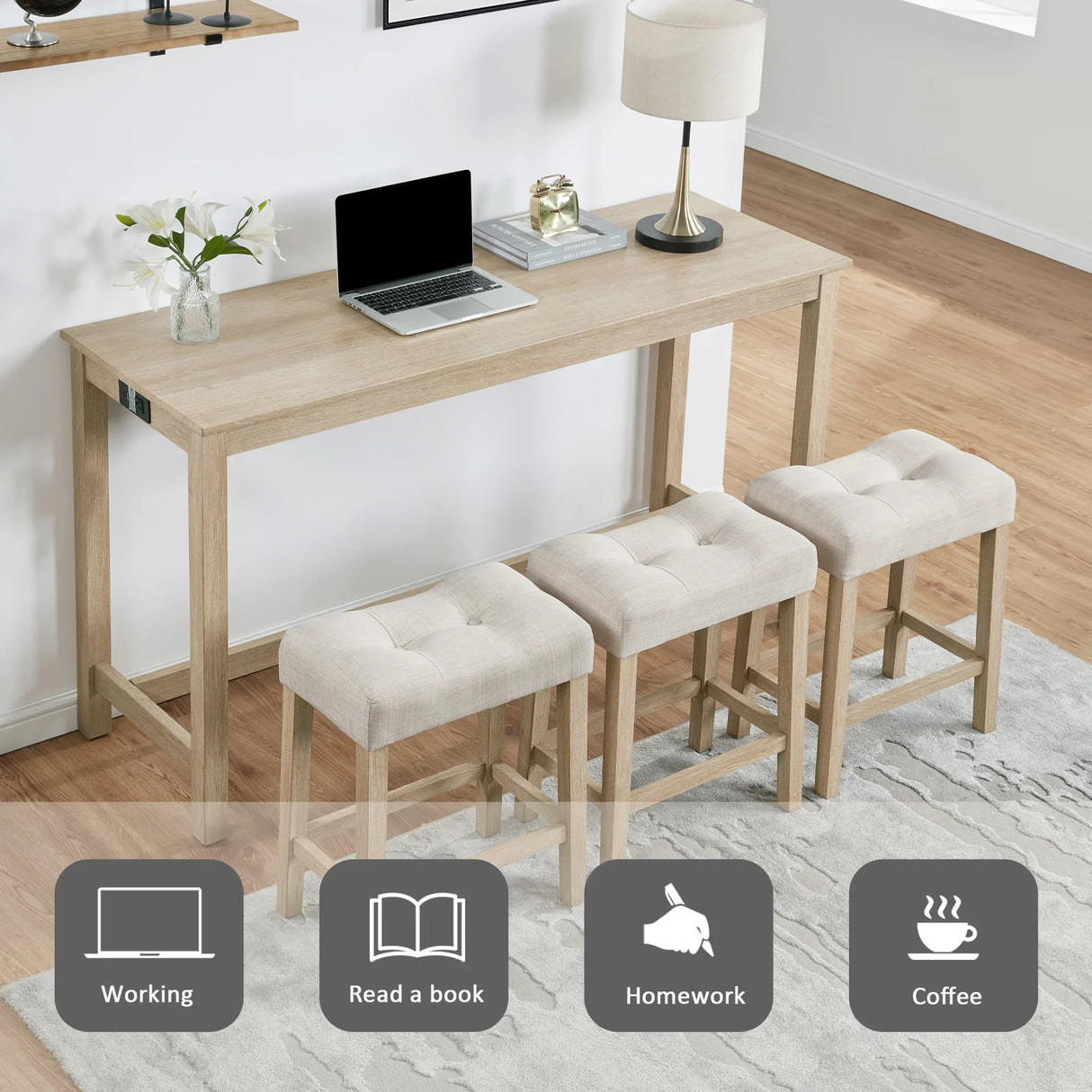 4-Piece Light Oak Bar Table Set With Power Outlet - Omega Lifestyles