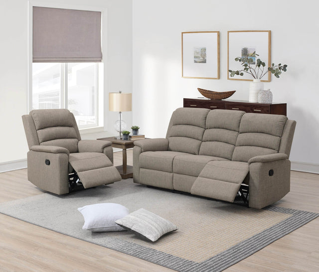 Modern Light Brown Fabric 3-Seat Recliner Sofa - Omega Lifestyles