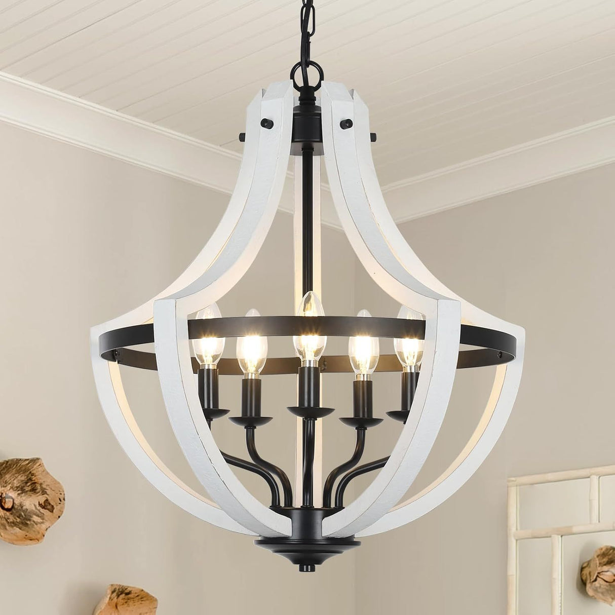 Farmhouse 5-Light White Wood Metal Chandelier