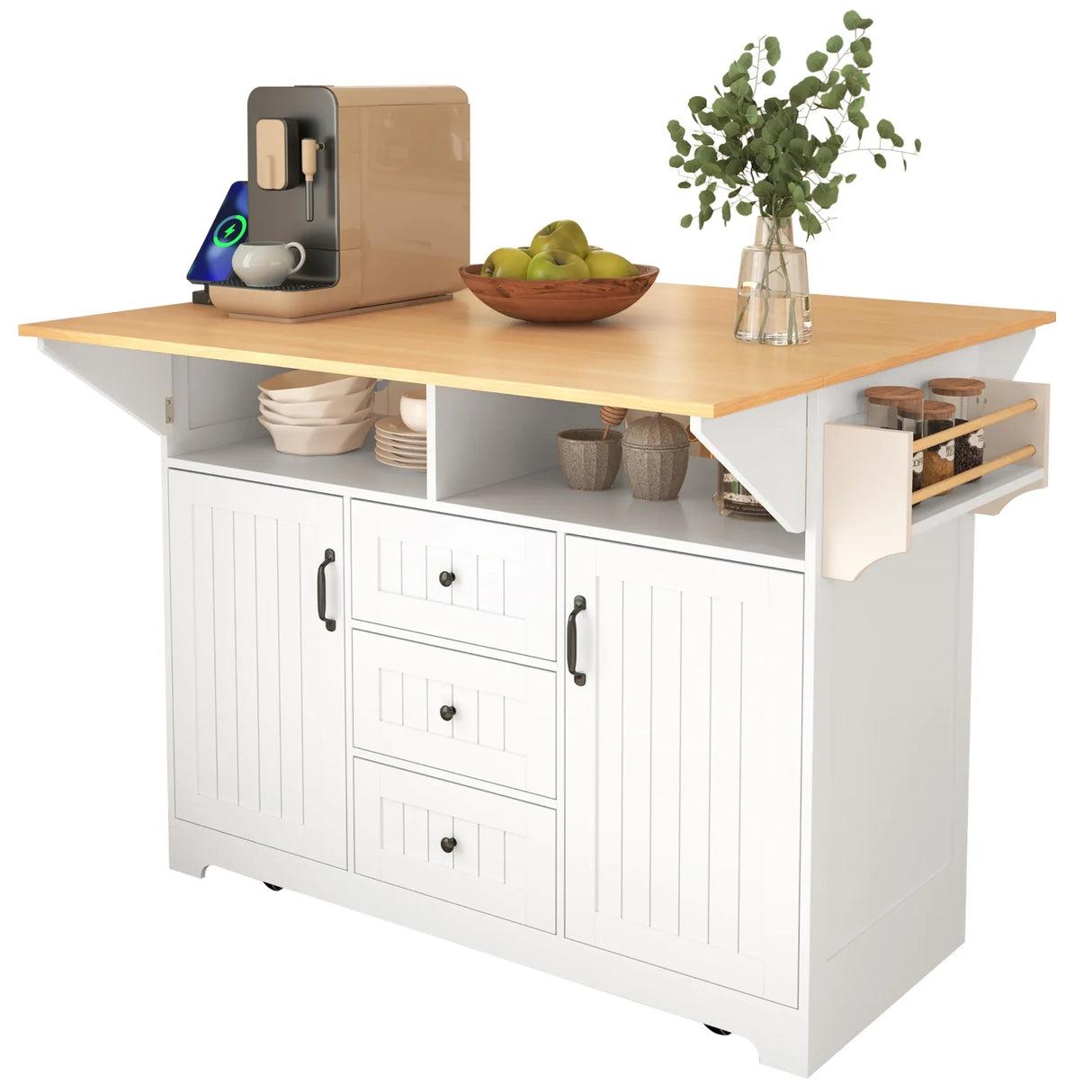 Folding Kitchen Island Cart With Power Outlet and Storage - Omega Lifestyles