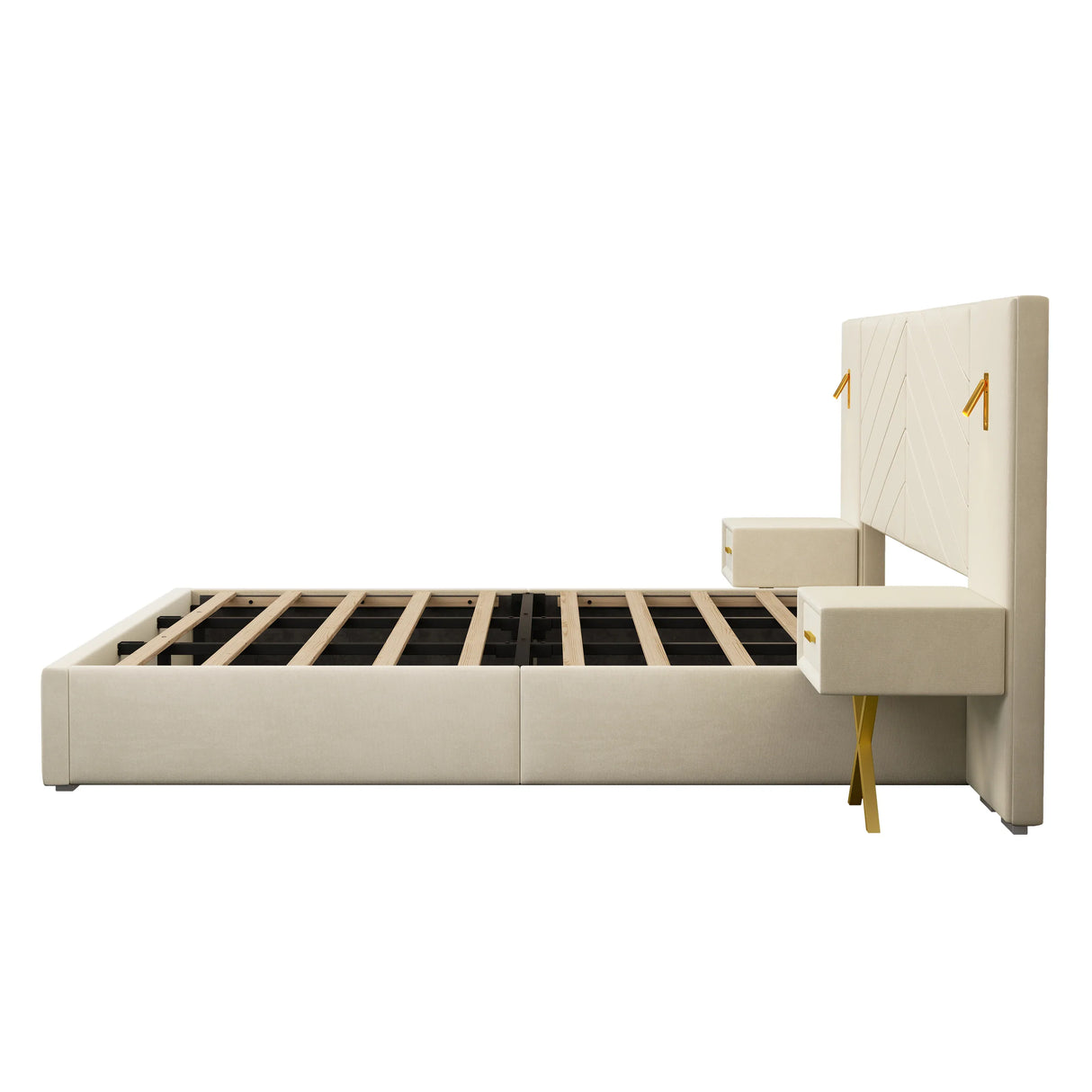 Beige Velvet Wingback Upholstered Wood Bed Frame - Omega Lifestyles