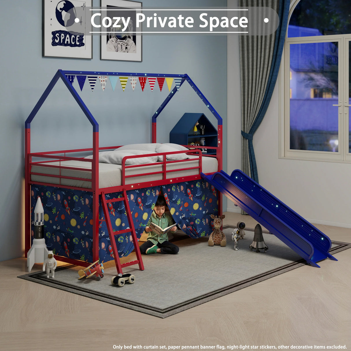 Twin Metal Junior House Loft Bed With Slide And Curtain - Omega Lifestyles