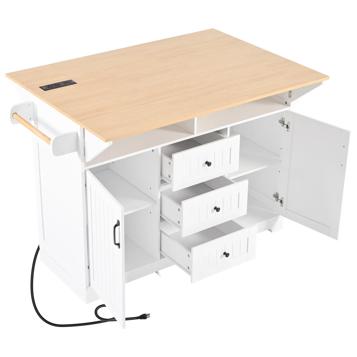 Folding Kitchen Island Cart With Power Outlet and Storage - Omega Lifestyles