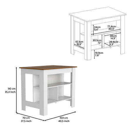 White Walnut Kitchen Island With Three Storage Shelves - Omega Lifestyles
