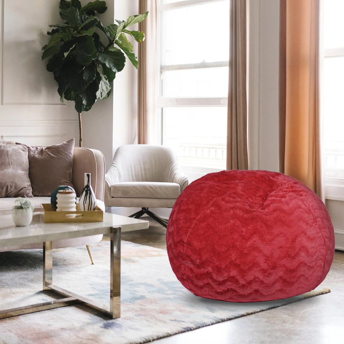Red Faux Fur Memory Foam Shredded Foam Bean Bag Chair - Omega Lifestyles