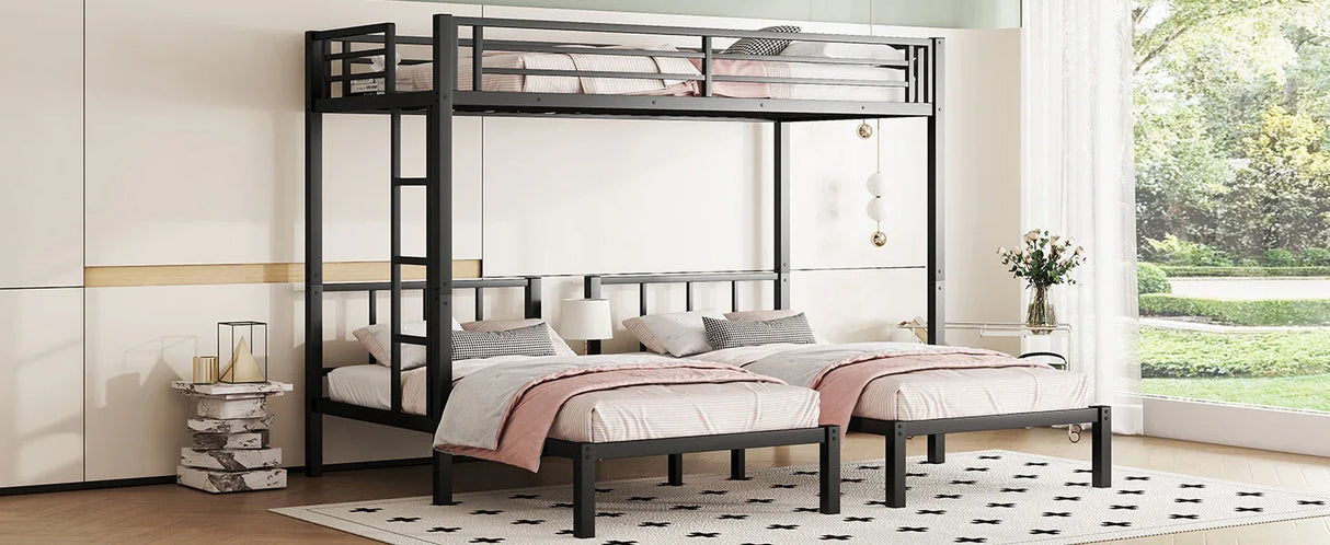 Metal Twin Over Twin Triple Bunk Bed With Guardrails - Omega Lifestyles