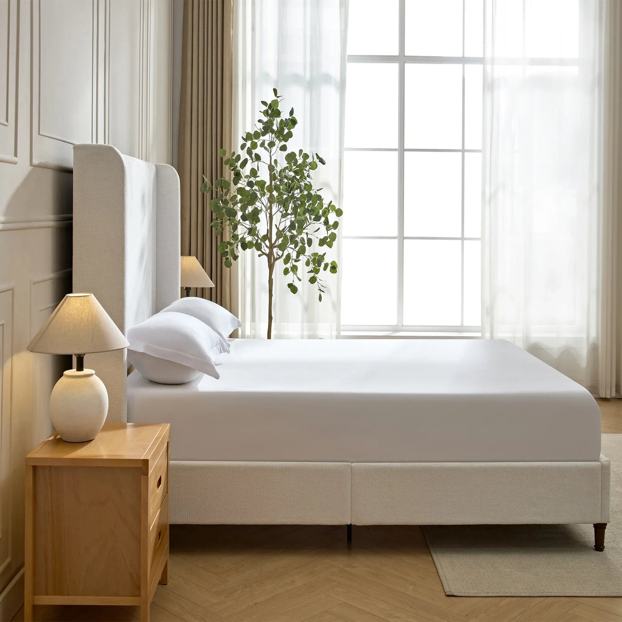 Queen Contemporary Cream White Chenille Upholstered Bed Frame - Omega Lifestyles