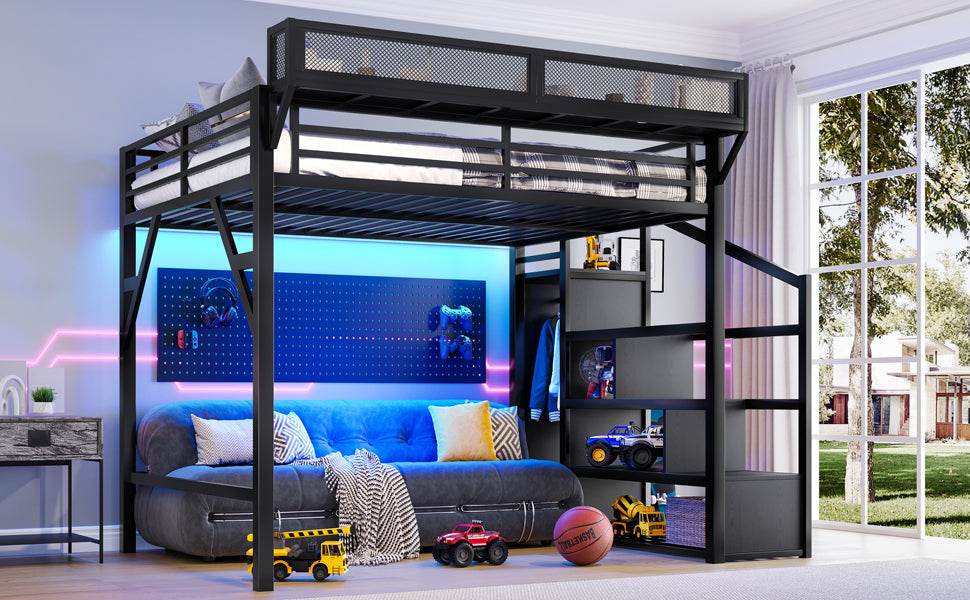 Queen Metal Loft Bed With Storage Stairs USB LED Lighting - Omega Lifestyles