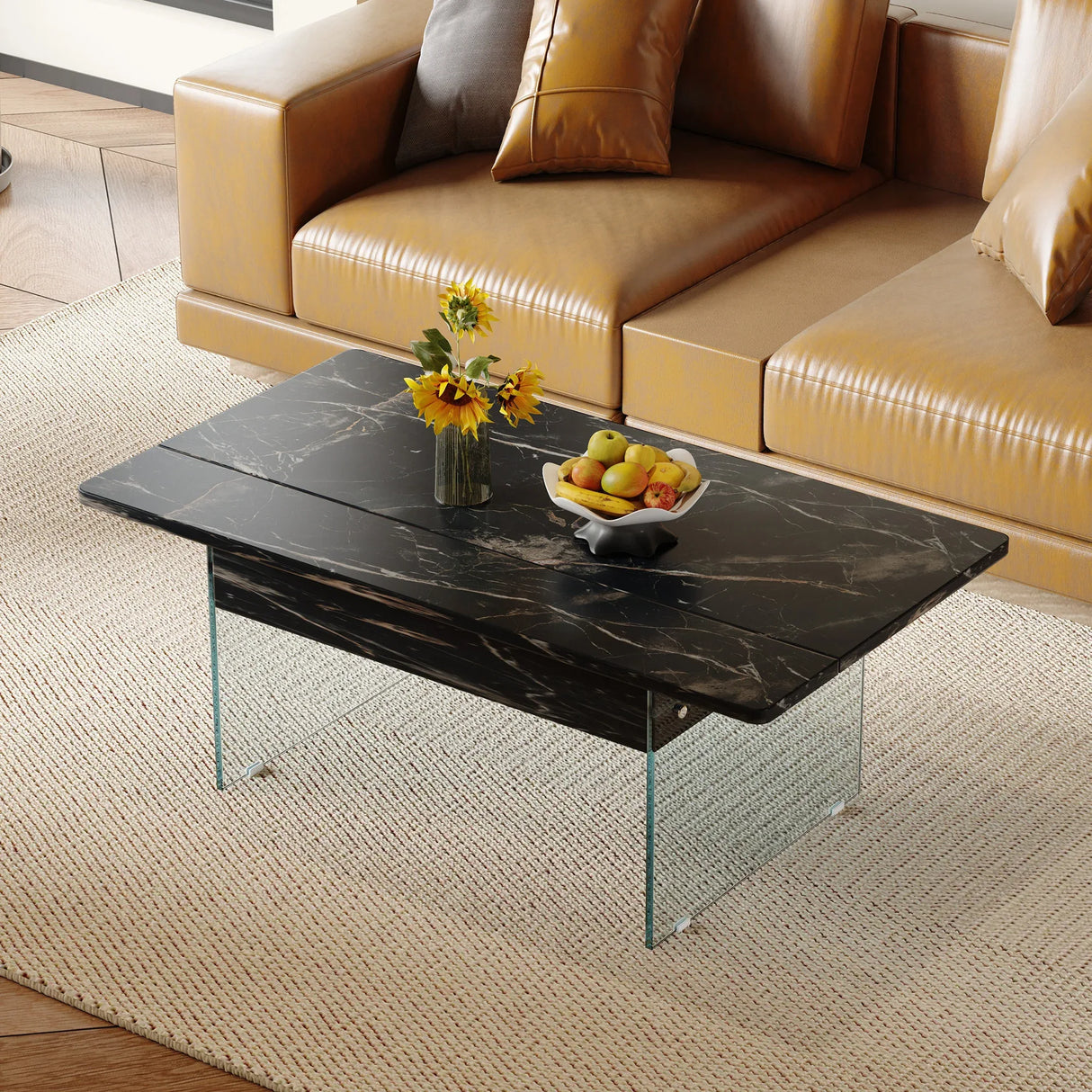 Lift-Top Coffee Table With Storage Black Marble Glass - Omega Lifestyles