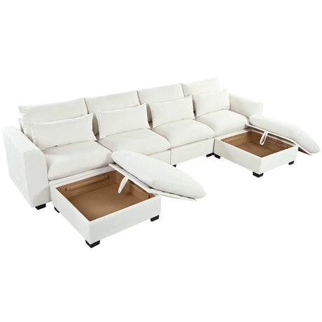 U-Shaped Modular 6-Seat Linen Blend Sofa With Ottomans - Omega Lifestyles