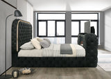 Black Upholstered Eastern King Bed With LED Fireplace Stand - Omega Lifestyles