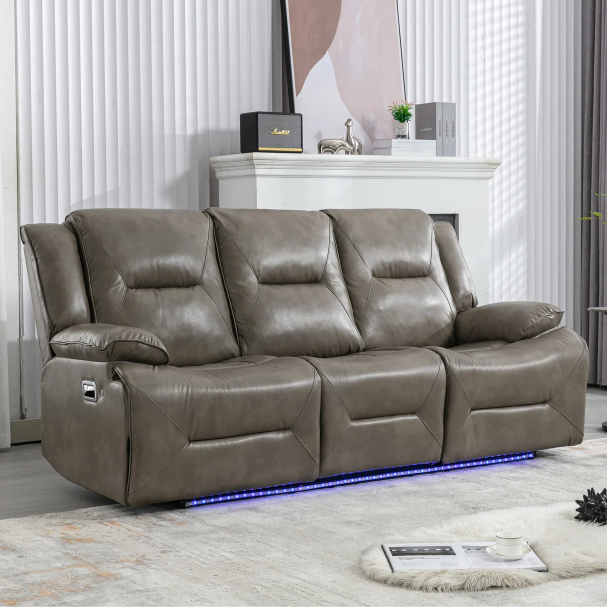 Modern 3-Seater Grey Leather Gel Recliner Chair With LED Light - Omega Lifestyles