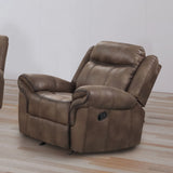 Transitional Brown Leatherette Glider Recliner With Pillow Arms - Omega Lifestyles
