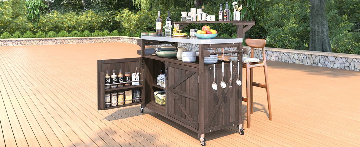 Outdoor Kitchen Island Solid Fir Wood Raised Shelf Cart - Omega Lifestyles
