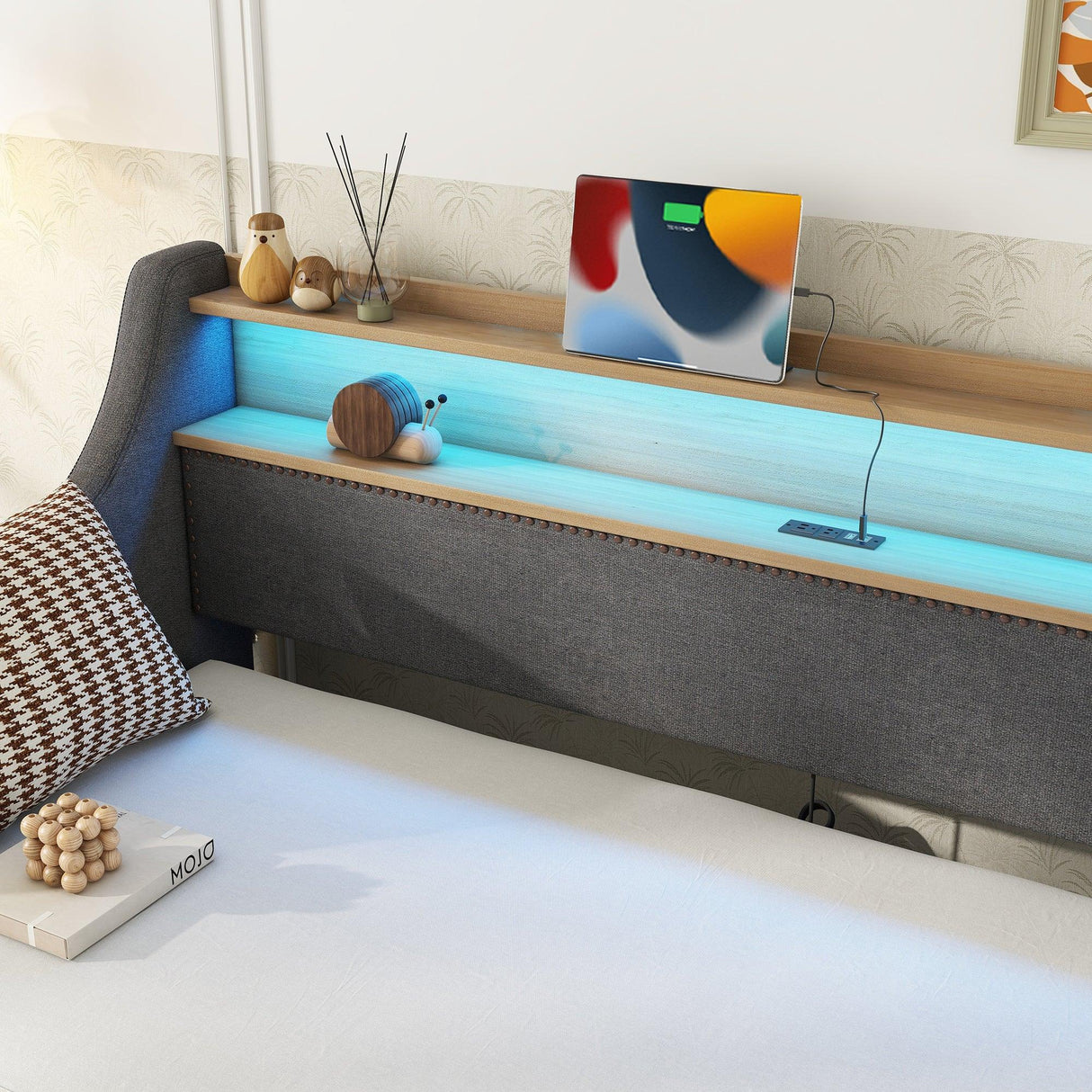 Twin Linen Upholstered Daybed With Trundle Charging Station - Omega Lifestyles