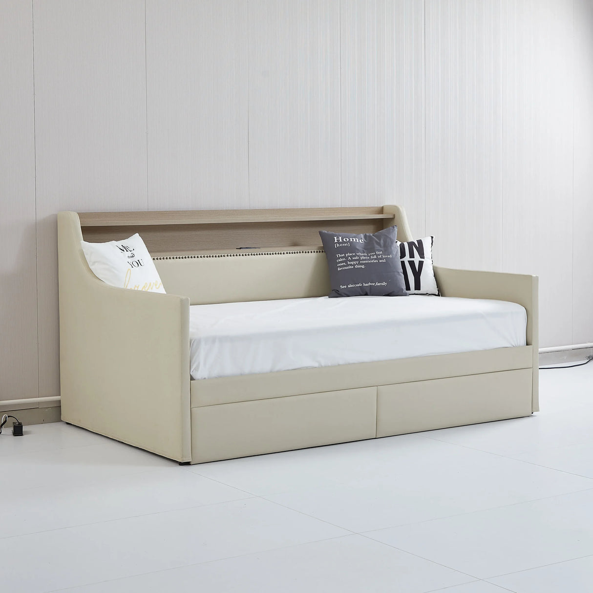 Twin PU Leather Daybed With Storage Drawers Charging Station - Omega Lifestyles