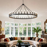 Farmhouse Matte Black Wagon Wheel Chandelier 36-Light 64-Inch - Omega Lifestyles