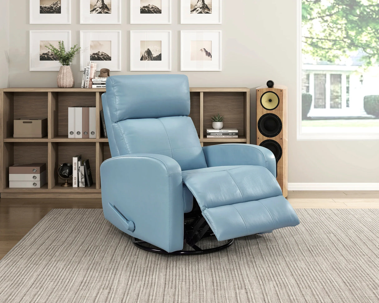 Blue Leather Gliding Swivel Recliner Chair With Recline - Omega Lifestyles