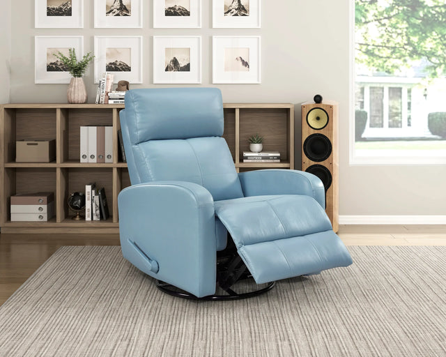 Blue Leather Gliding Swivel Recliner Chair With Recline - Omega Lifestyles
