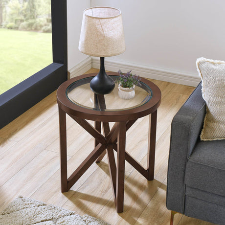 Modern Round Cherry Wood Tempered Glass Coffee Table - Sleep Galleria