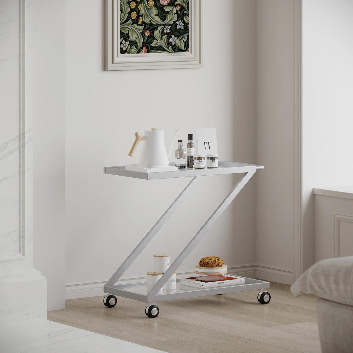 Modern Z-Shaped Silver Glass And Metal Bar Cart - Omega Lifestyles