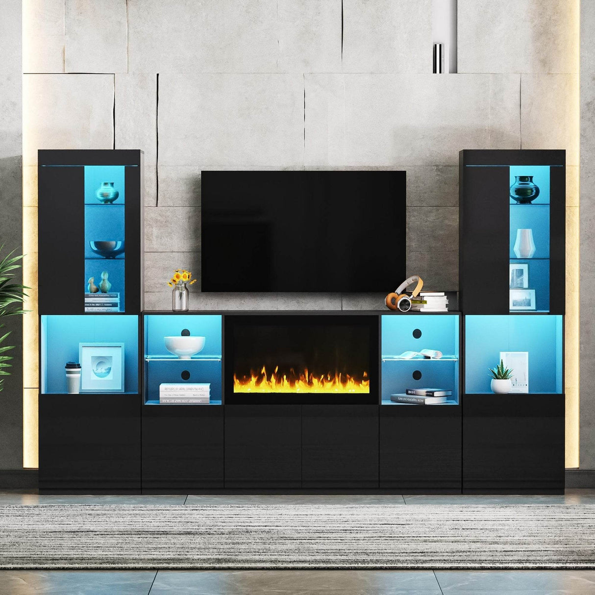 Modern Black LED Fireplace TV Stand with Shelves - Omega Lifestyles