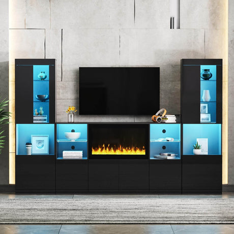 Modern Black LED Fireplace TV Stand with Shelves - Omega Lifestyles