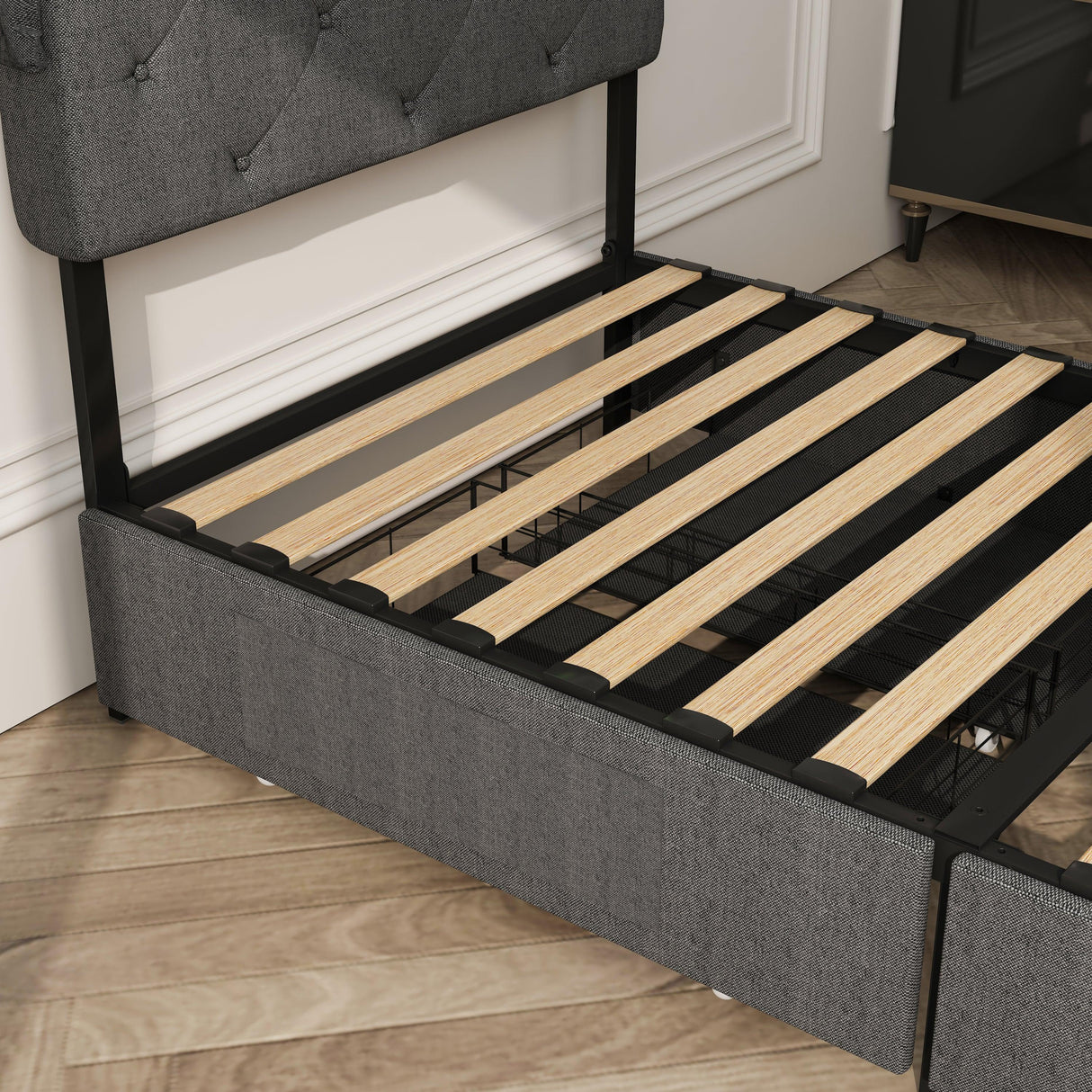 Twin Upholstered Bed Frame With Storage Drawers And USB Charging - Omega Lifestyles