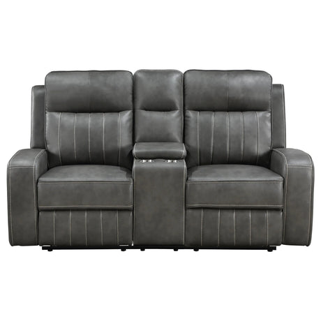 Grey Upholstered Manual Reclining Loveseat With Console - Omega Lifestyles