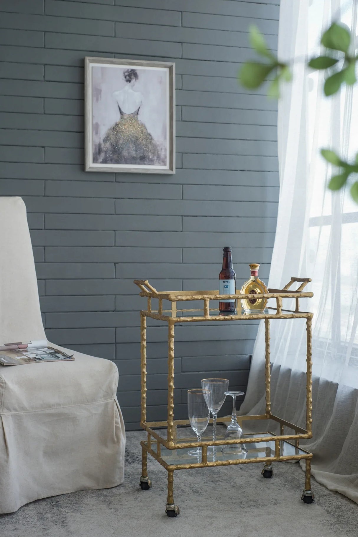 Antique Brass Aluminum Glass Two-Tier Bar Cart - Omega Lifestyles