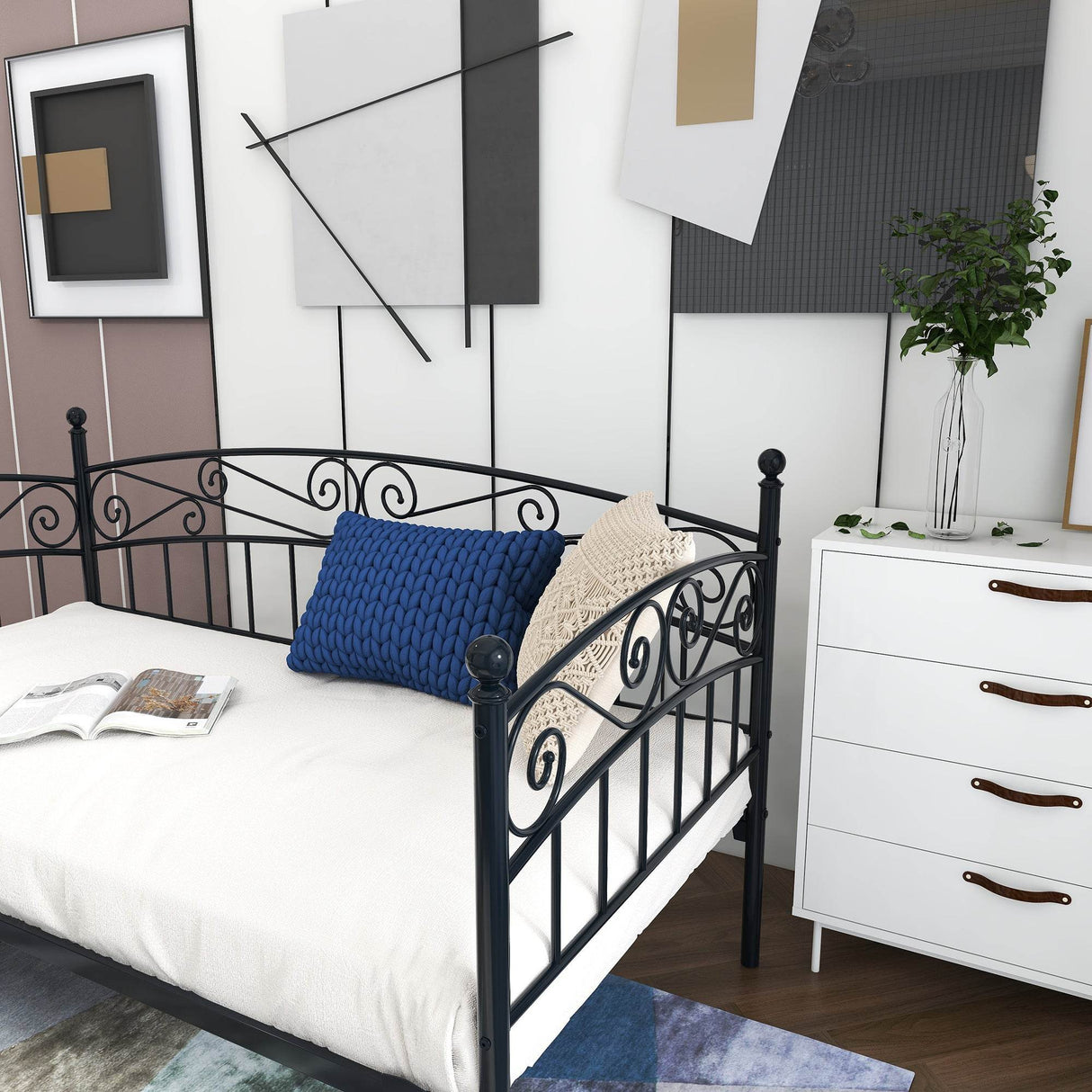 Twin Metal Daybed Frame Mattress Foundation with Headboard - Omega Lifestyles