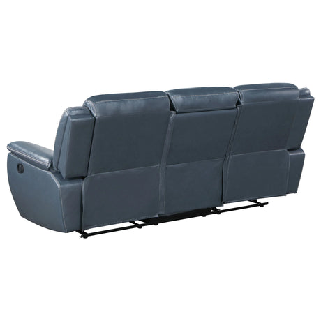 Blue Faux Leather Motion Reclining Sofa With Drop-Down Table - Omega Lifestyles