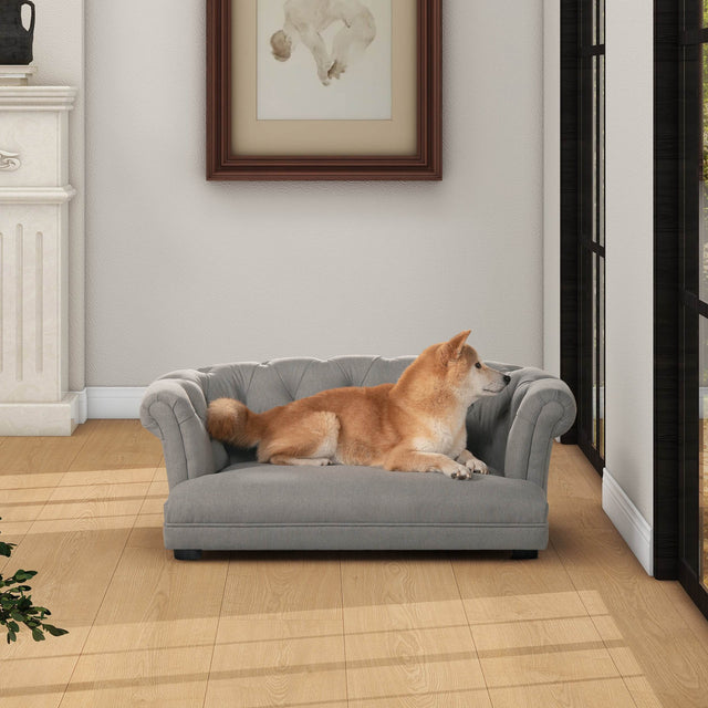 Chesterfield Plush Foam Gray Polyester Dog Sofa Bed - Omega Lifestyles