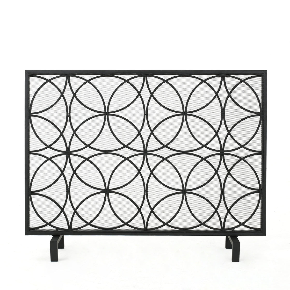 Single Panel Iron Fireplace Screen With Geometric Pattern