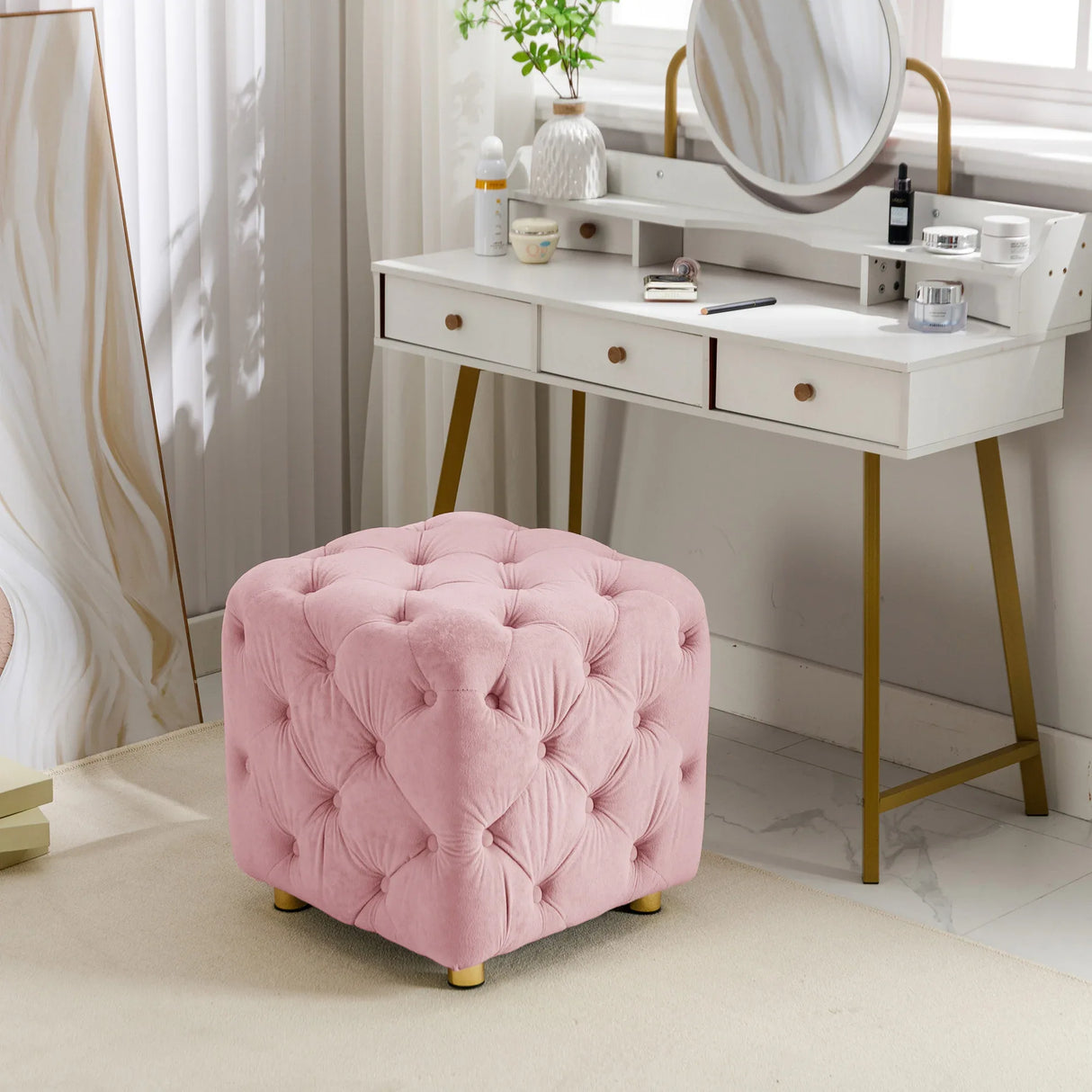 Pink Velvet Dice-Shaped Storage Ottoman With Foam Seat - Omega Lifestyles