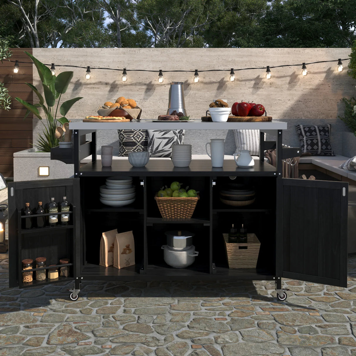 Farmhouse Solid Fir Wood Outdoor Kitchen Island Cart - Omega Lifestyles