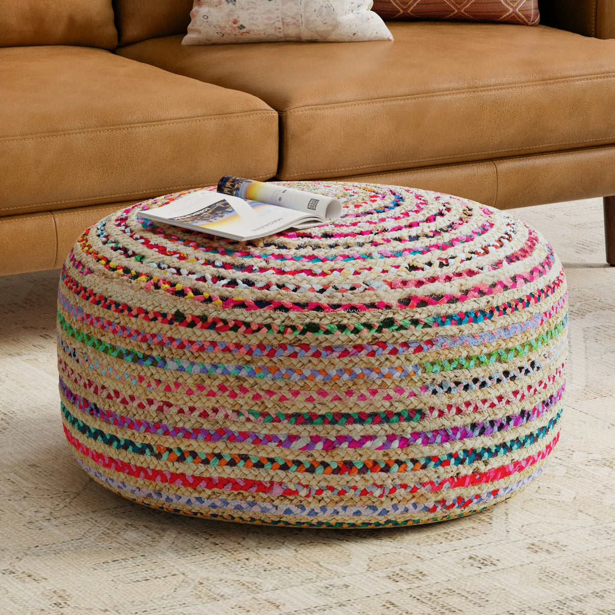 Multicolor Jute Handwoven Large Round Pouf Seat - Omega Lifestyles