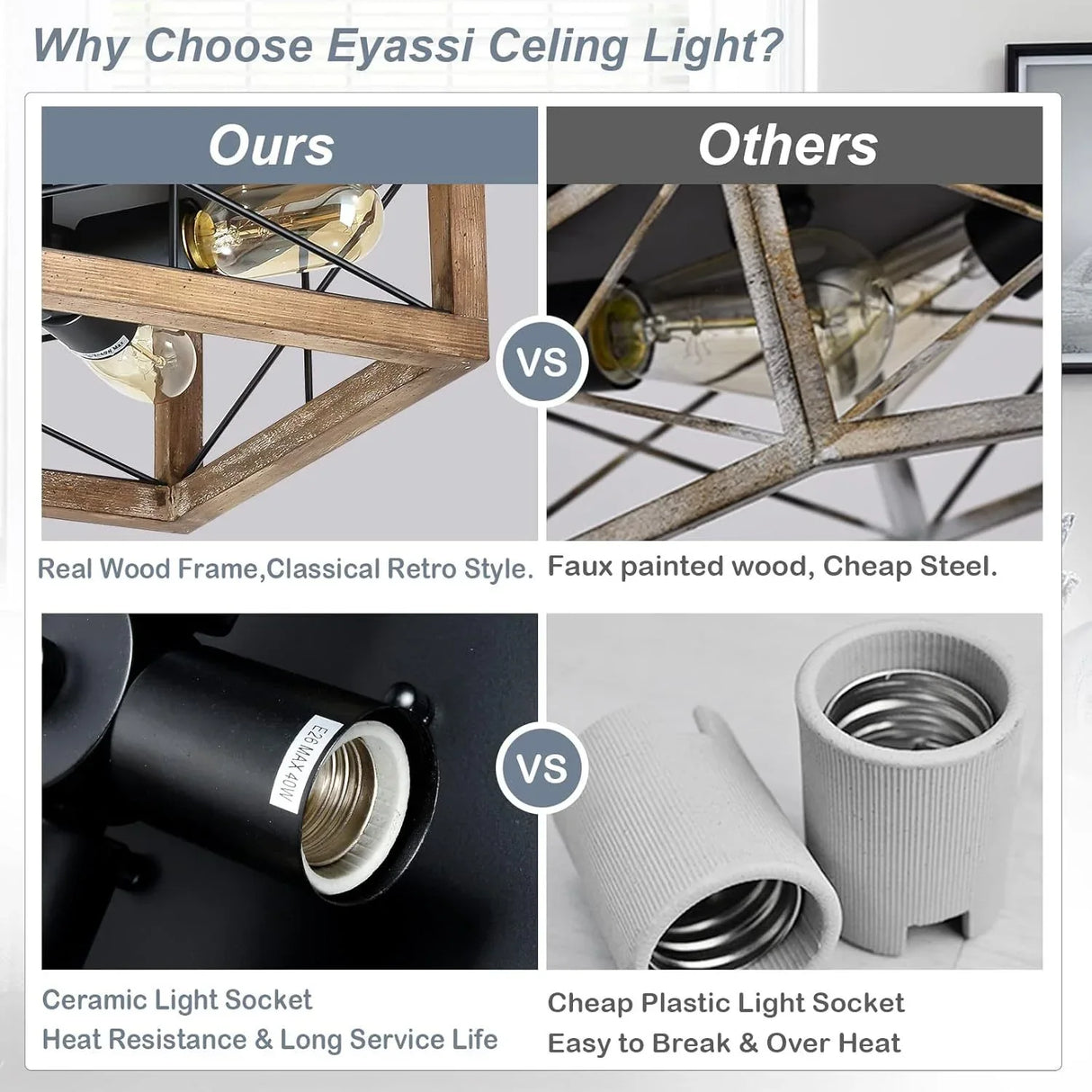 Farmhouse 4-Light Wood Metal Flush Mount Lighting - Omega Lifestyles