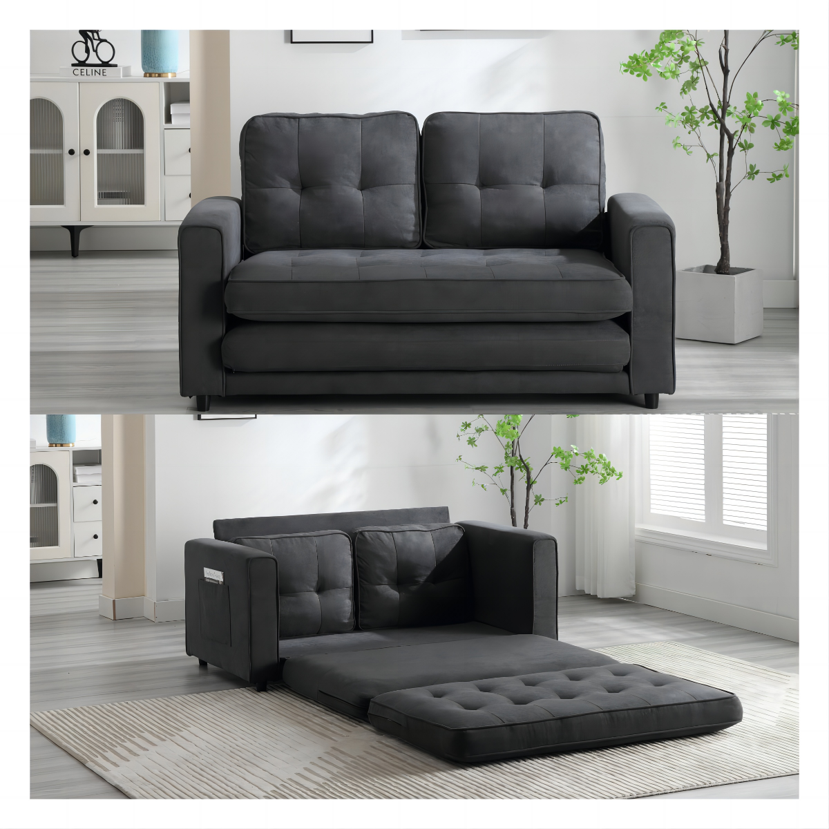 Convertible Velvet Futon Sofa Bed With Storage Pockets