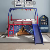 Twin Metal Junior House Loft Bed With Slide And Curtain - Omega Lifestyles