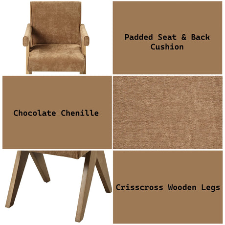 Set of 2 Chocolate Chenille Oak Arm Chairs - Omega Lifestyles
