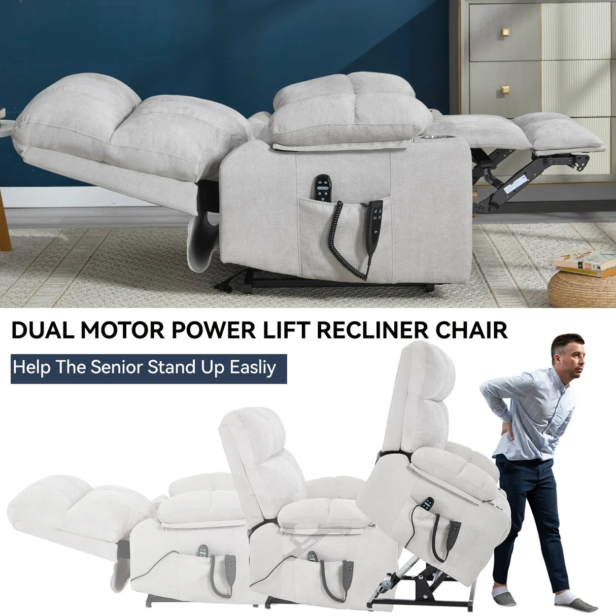 Beige Chenille Power Lift Recliner Chair With Massage Heating - Omega Lifestyles