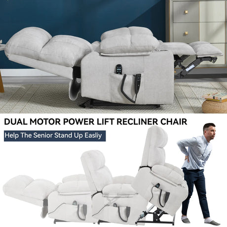 Beige Chenille Power Lift Recliner Chair With Massage Heating - Omega Lifestyles