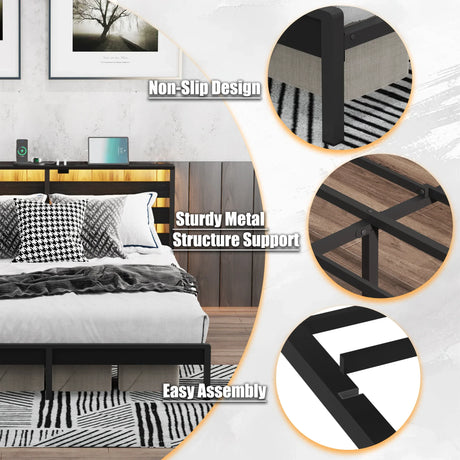 Full Size Metal Platform Bed Frame With LED Lighting USB - Omega Lifestyles
