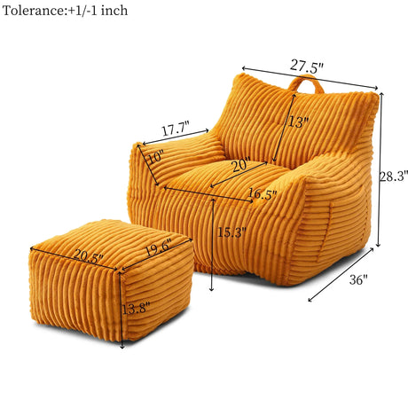 Giant Corduroy Bean Bag Chair With Armrests And Footstool - Omega Lifestyles