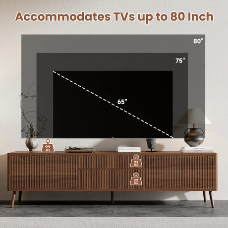 70-Inch Walnut Fluted Modern TV Stand With Storage - Omega Lifestyles