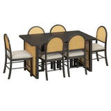 7-Piece Farmhouse Dining Table Set With Rattan Chairs - Omega Lifestyles