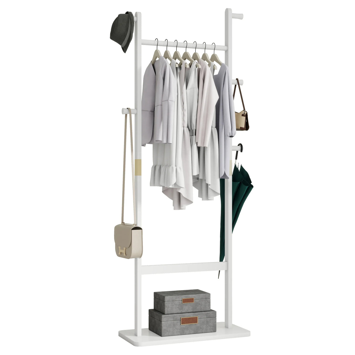 Solid Rubberwood White Coat Rack Stand 70.8-Inch - Omega Lifestyles
