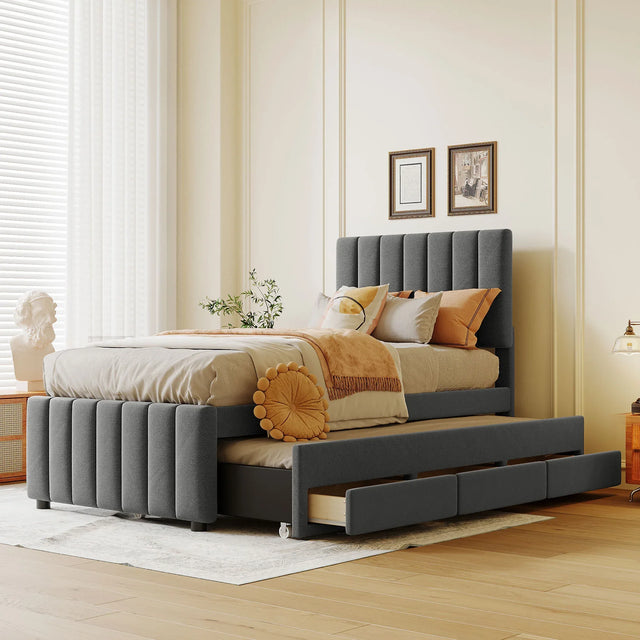 Twin Upholstered Linen Platform Bed With Trundle And Drawers - Omega Lifestyles